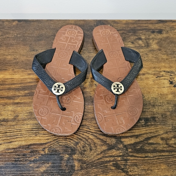 Tory Burch Black Leather With Logo Flip Flops with Tan Footbed Size-7 main image 3